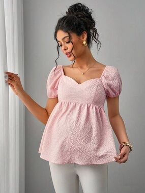 SHEIN Light Pink Puff Sleeve Sweetheart Babydoll Top